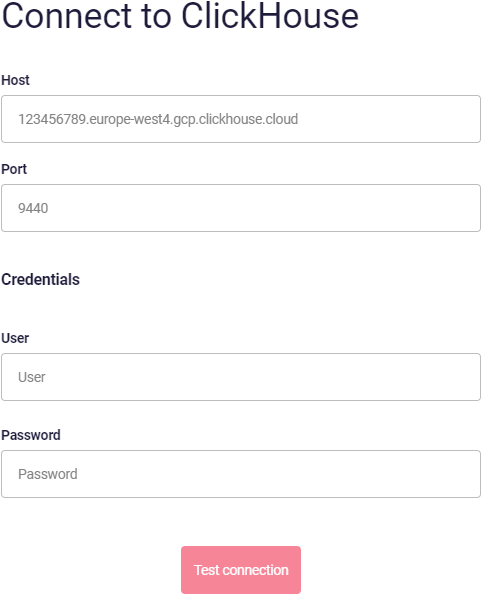 Astrato connect to ClickHouse required fields - Zoomed