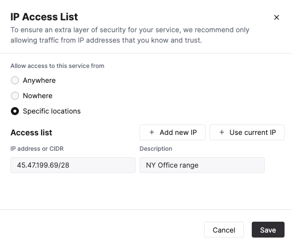 Existing access list in ClickHouse Cloud - Zoomed